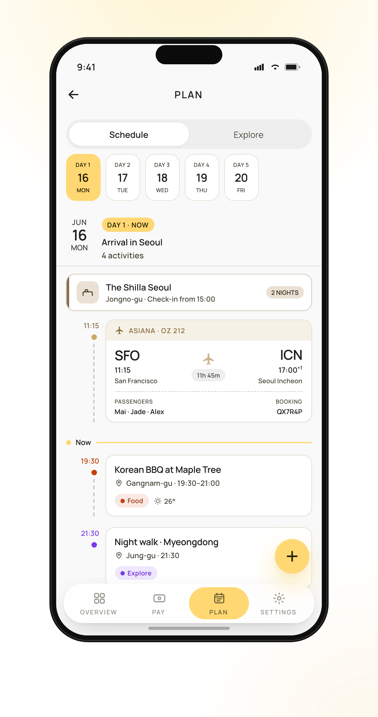 Day-by-day itinerary with flight and activity cards