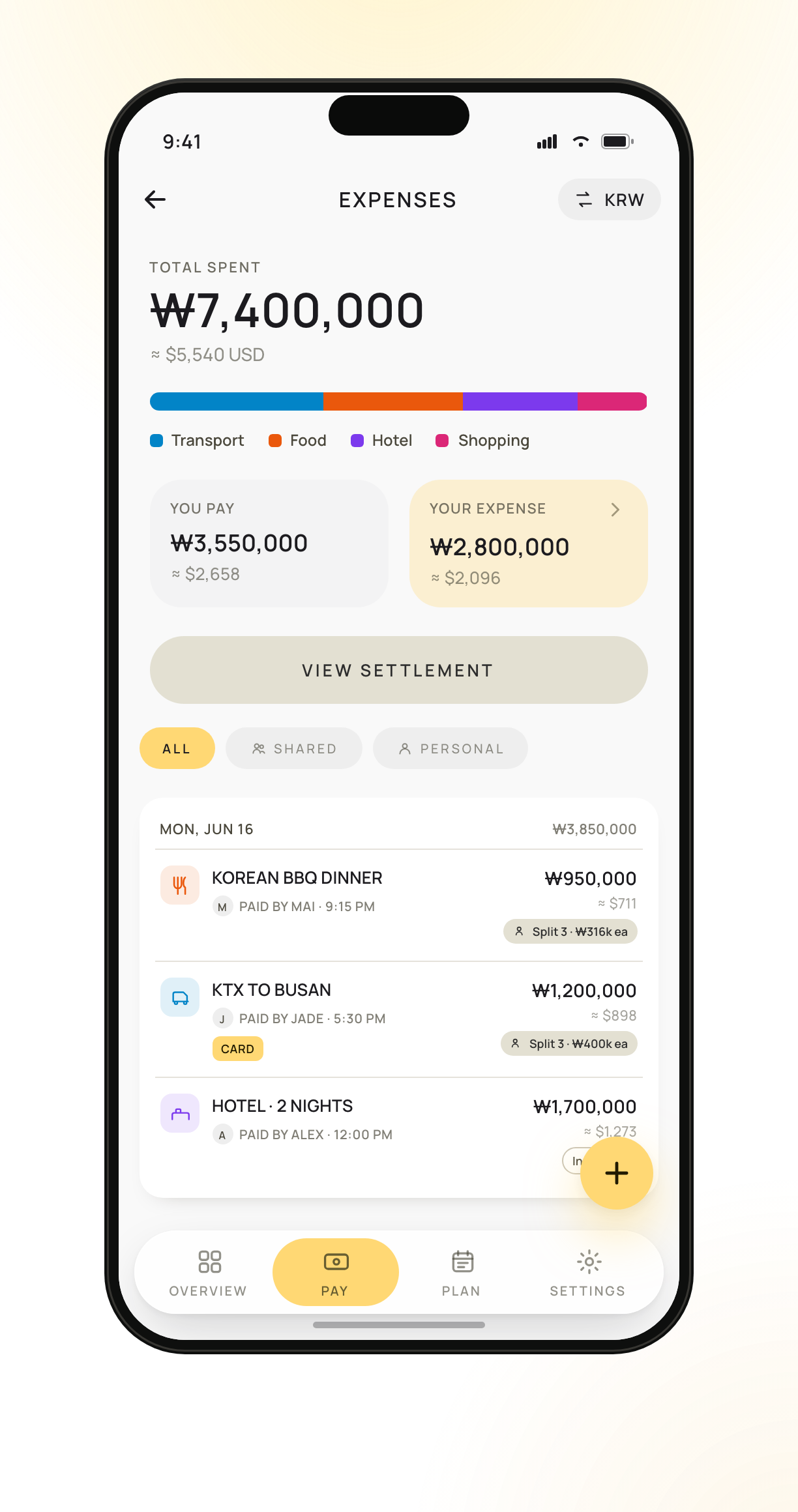 Shared expenses screen with category breakdown