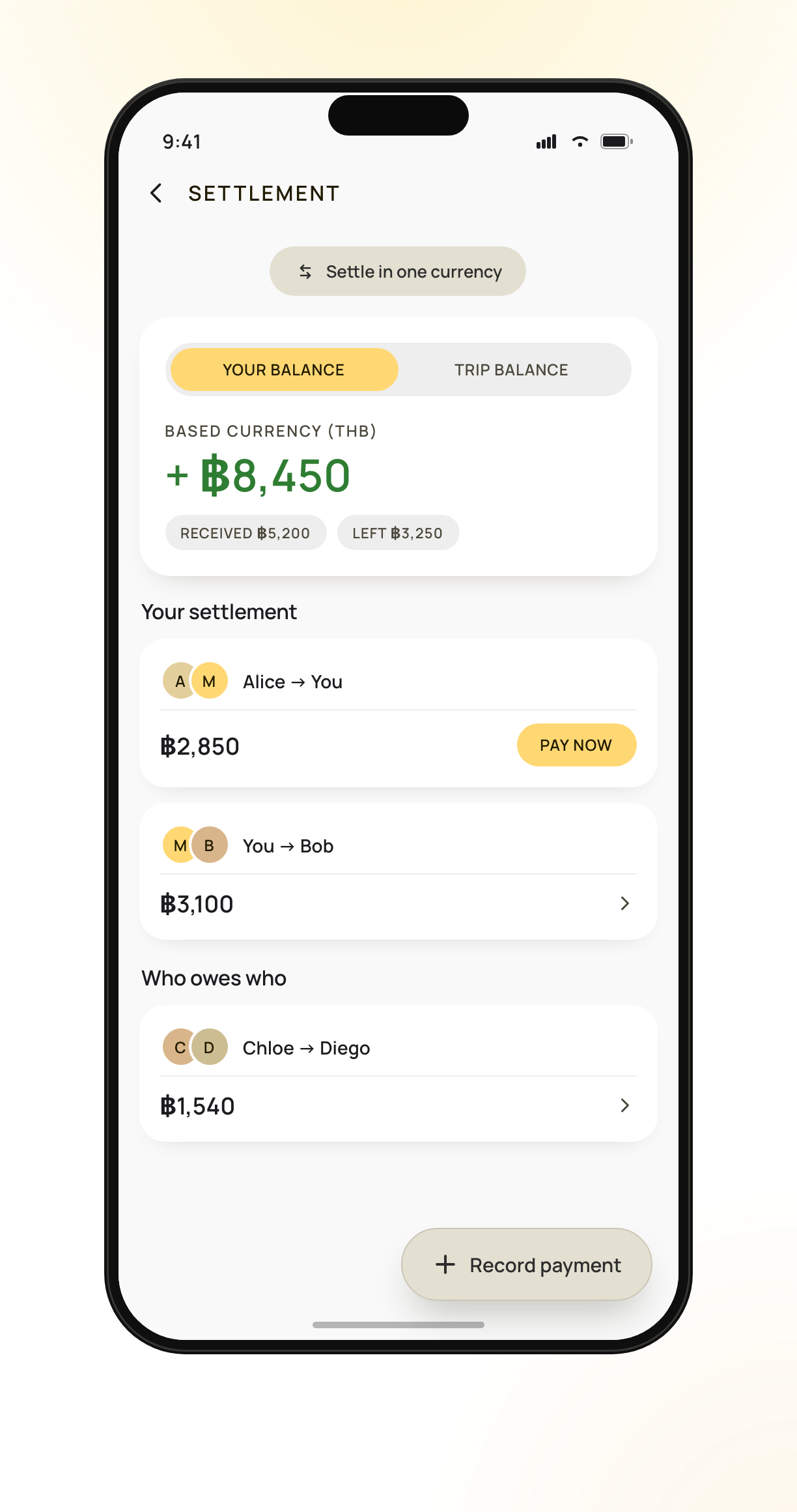 Settlement screen showing who pays who